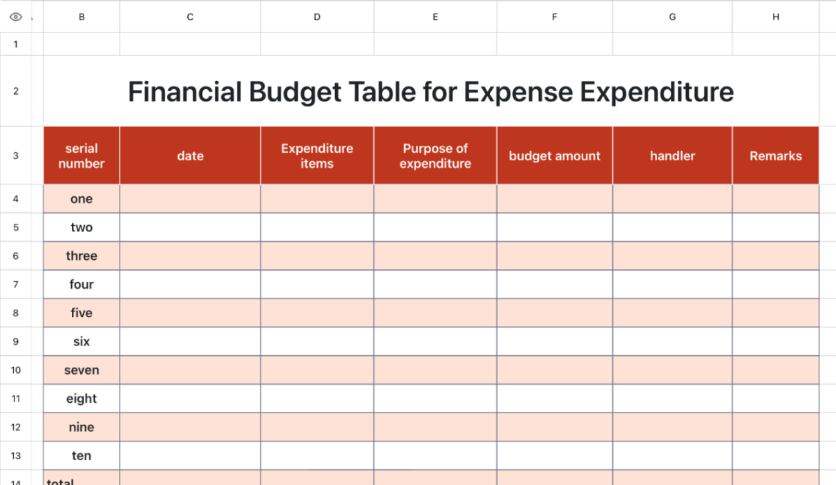 Financial Budget Table for Expense Expenditure